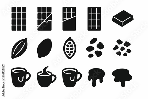 Chocolate icons: bars, cocoa beans, mugs, and melting chocolate silhouettes
