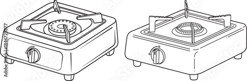 Two portable single burner gas camping stoves line art illustration