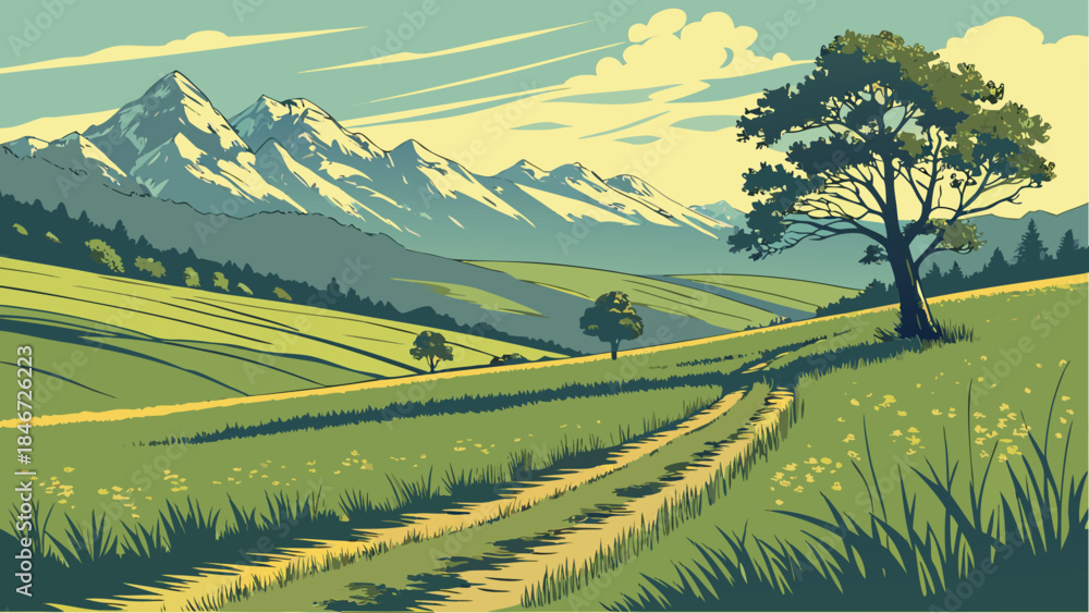 Fototapeta premium Stylized Vector Illustration of Rolling Green Fields, Dirt Road, and Snowy Mountains in a Retro Poster Style