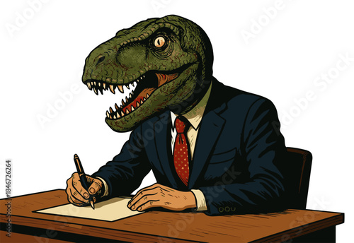 man in a suit with a dinosaur T-Rex head, sitting at a desk and writing with serious focus. Generative ai vector colorful pop art illustration.
