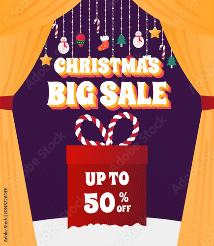 Vibrant Christmas Big Sale banner offering up to 50% off. Perfect for holiday promotions, seasonal discounts, and festive marketing campaigns