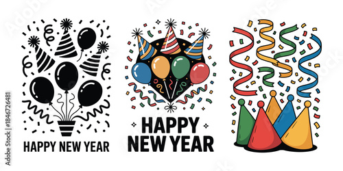 Happy New Year Party Hats Balloons Confetti Streamers Vector Set