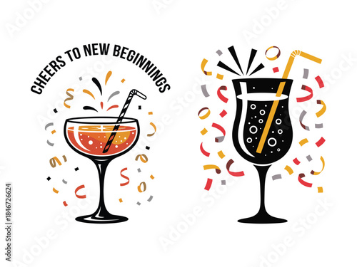 Cocktail Glasses Cheers New Beginnings Party Confetti Vector Icons