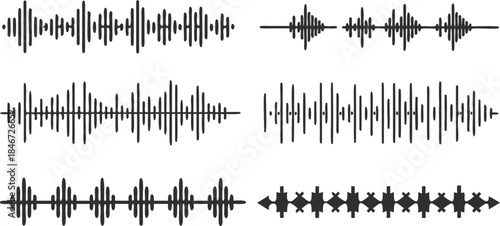 Six different sound wave and audio waveform visualizations on a clean white background