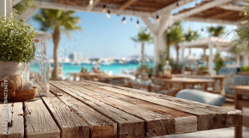 Fototapeta Naklejka Na Ścianę i Meble -  A wooden table with a vase and a bowl on it