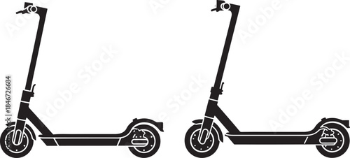 Simple black silhouette illustration featuring two electric scooters side by side against a white background.