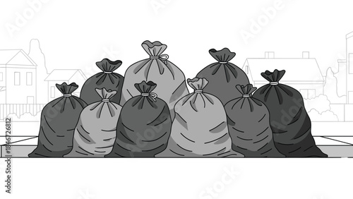 Several overflowing trash bags sit on a curb in a residential neighborhood, suggesting waste management or environmental concerns.