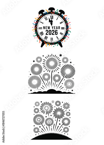 New Year 2026 Clock Fireworks Celebration Vector Graphic Set