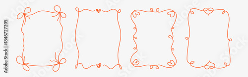 Vintage hand drawn Valentine’s Day frame set with whimsical lines, bows, hearts, and ribbons. Elegant coquette line art vector borders for greeting cards, posters, wedding and romantic invitations.