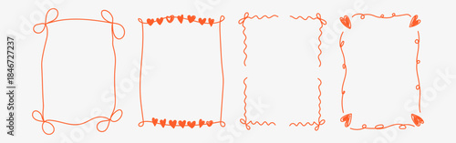 Vintage hand drawn Valentine’s Day frame set with whimsical lines, bows, hearts, and ribbons. Elegant coquette line art vector borders for greeting cards, posters, wedding and romantic invitations.