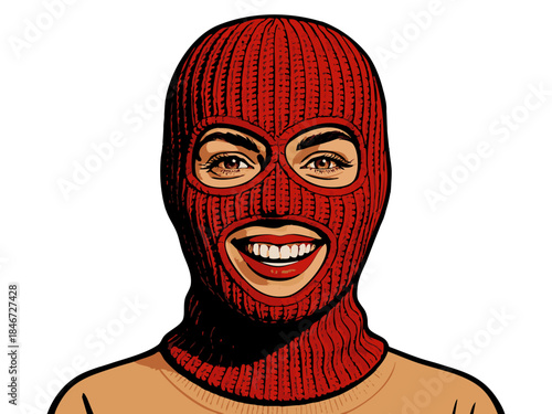 Pop-art inspired illustration of a cheerful woman wearing a red knitted balaclava, smiling brightly with expressive eyes and bold colors. Generative ai vector colorful pop art illustration.