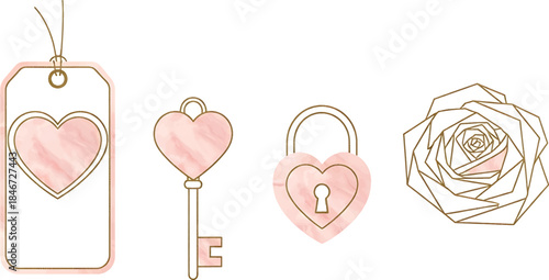 Delicate romantic love symbols golden line art heart tag, key, padlock, and geometric rose with soft pink watercolor textures, ideal for elegant designs and cherished moments