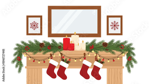 Festive fireplace mantel decorated with garland, stockings, and candles creates a cozy christmas scene for the holidays.