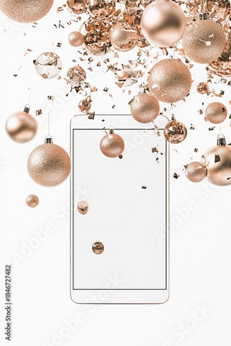 Smartphone with blank white display top view with golden baubles Christmas decorations background.