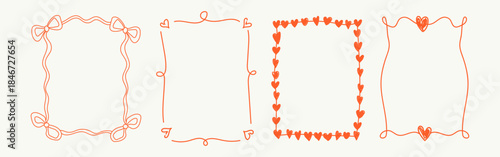 Vintage hand drawn Valentine’s Day frame set with whimsical lines, bows, hearts, and ribbons. Elegant coquette line art vector borders for greeting cards, posters, wedding and romantic invitations.