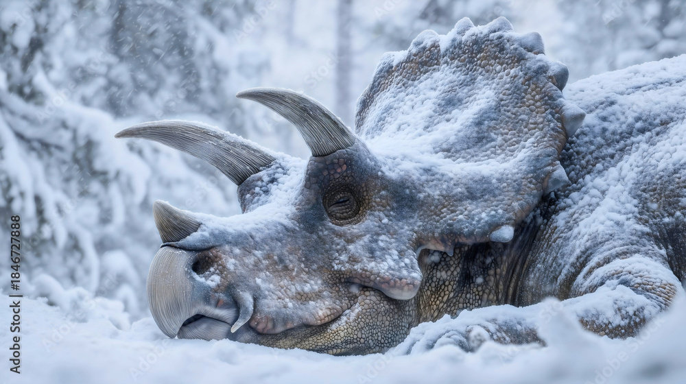 Obraz premium A sleeping Triceratops covered in snow, a close-up of a dinosaur hibernating in winter, a peaceful prehistoric wildlife portrait, a cold nature scene with white frost.