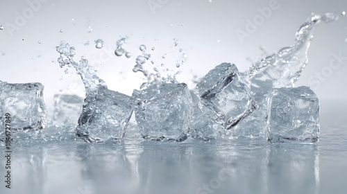 Close-up of Ice Cubes Splashing Water on a Bright White Background
