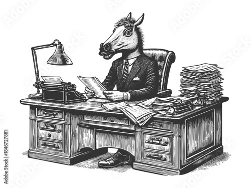 man in a suit with a horse head, seated at a desk in a formal pose sketch engraving generative ai fictional character vector illustration. Scratch board imitation. Black and white image.