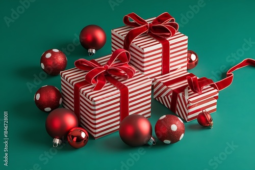 christmas gift boxes Holiday Christmas greeting frame with gifts and ornaments on green background, festive winter flat lay top view