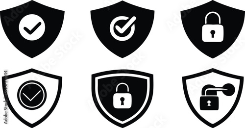 Security and protection icons set featuring shields with checkmarks and padlocks