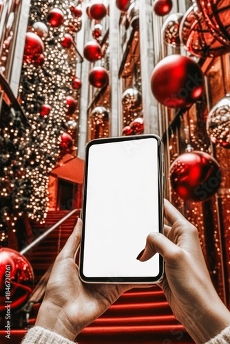 Smartphone with empty display in hand on Christmas red decorations background.