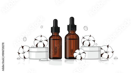 Elegant skincare products with dropper bottles and cotton flowers create a soothing and natural beauty arrangement.