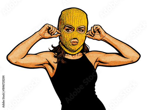 woman in a yellow balaclava and black dress, sitting with a composed yet intense expression. Generative ai vector colorful pop art illustration.