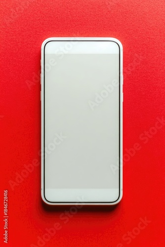 Smartphone with blank white display top view on red background.
