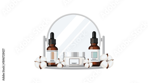 Elegant skincare products including serums and cream are arranged with cotton flowers in front of a circular mirror.