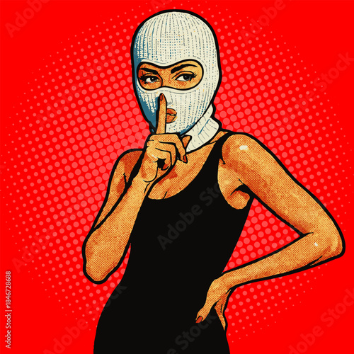 woman in a white balaclava and black dress, holding a finger to her lips against a red dotted background. Generative ai vector colorful pop art illustration.