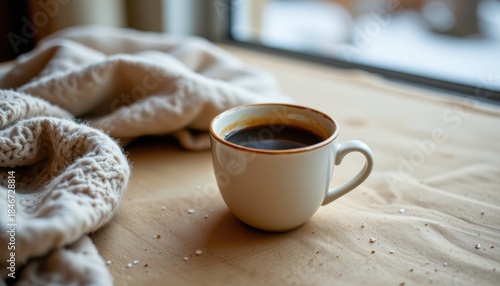 Cozy cup of black coffee on wooden table with knitted blanket in a warm indoor setting