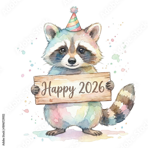Cute raccoon in a party hat holding a sign that says Happy 2026, cheerful animal celebration illustration