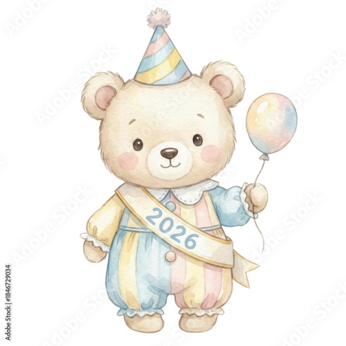 Cute teddy bear character wearing a party hat and holding a balloon with a 2026 sash, perfect for celebrations