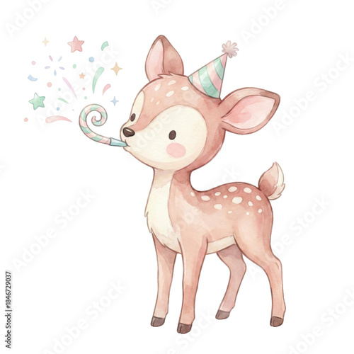 Cute Cartoon Deer Celebrating with Party Hat and Confetti for Fun and Joyful Occasions