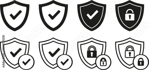 Collection of security shield icons with checkmarks and padlocks representing protection and safety