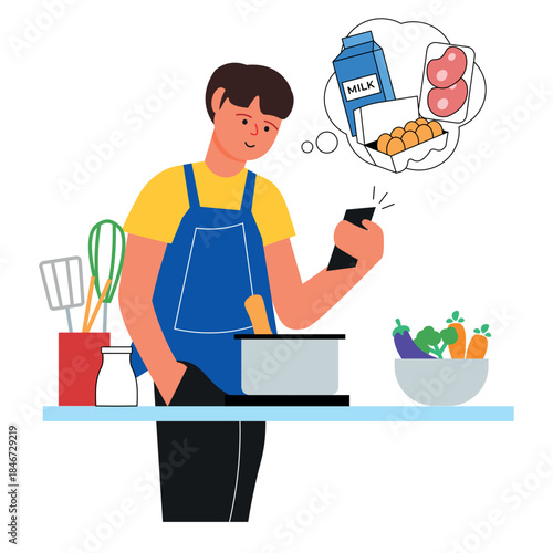 Online grocery shopping while cooking in the kitchen