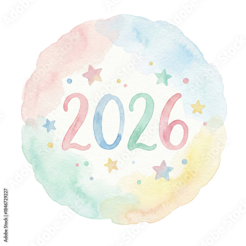 Colorful Watercolor Illustration of 2026 with Stars and Soft Pastel Background for Celebratory Themes