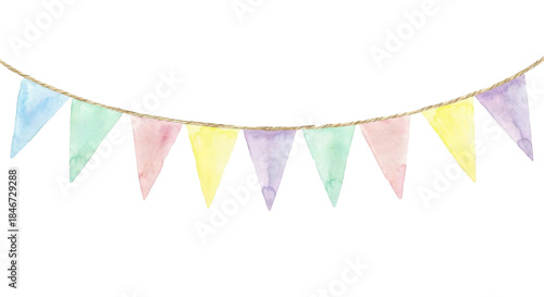 Colorful Watercolor Bunting Flags on a String for Festive Decorations and Celebration Events