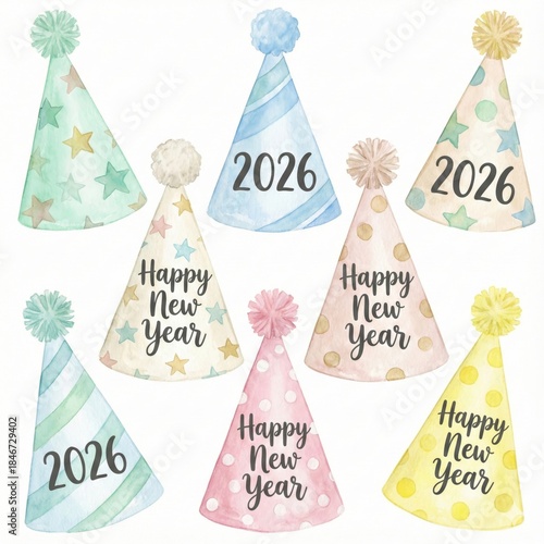 Colorful Party Hats with New Year Themes and Cheerful Designs for Celebratory Events in 2026