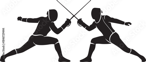An elegant Fencing Duel Silhouettes collection showcasing two fencers in classic duel stances and dynamic action poses, including lunges, parries, attacks, and defensive movements.