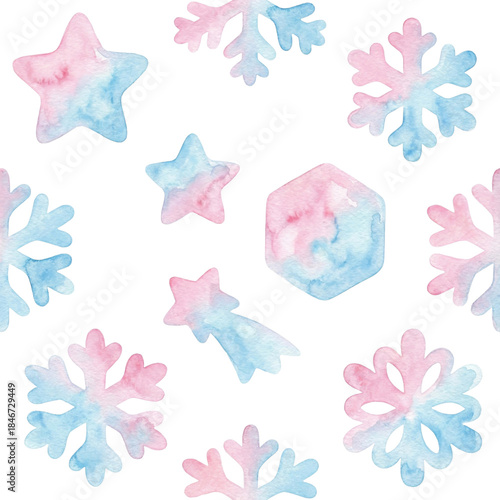 Watercolor Stars and Snowflakes in Pink and Blue with Artistic Touches for Holiday and Winter Decor