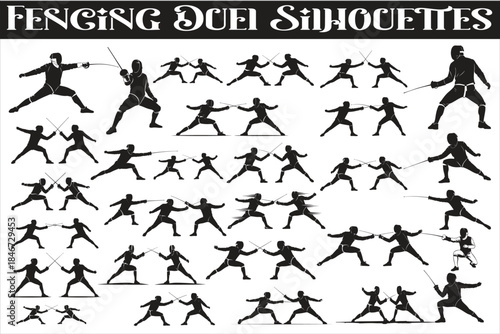 An elegant Fencing Duel Silhouettes collection showcasing two fencers in classic duel stances and dynamic action poses, including lunges, parries, attacks, and defensive movements.