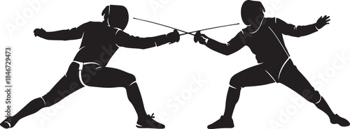 An elegant Fencing Duel Silhouettes collection showcasing two fencers in classic duel stances and dynamic action poses, including lunges, parries, attacks, and defensive movements.