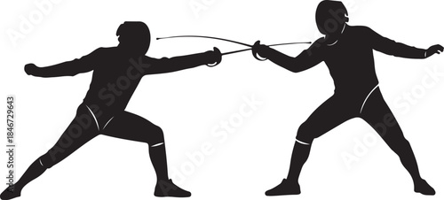An elegant Fencing Duel Silhouettes collection showcasing two fencers in classic duel stances and dynamic action poses, including lunges, parries, attacks, and defensive movements.