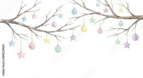 Elegant watercolor branches with hanging pastel stars and ornaments for enchanting seasonal decoration