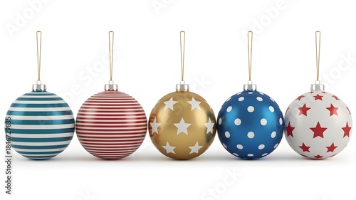 Colorful Christmas Baubles Set with Stripes, Dots and Star Patterns Isolated on White Background