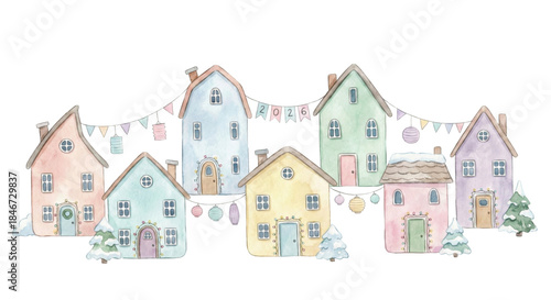 Charming pastel watercolor houses with decorative garlands and snowy trees ideal for winter holidays and cozy illustrations