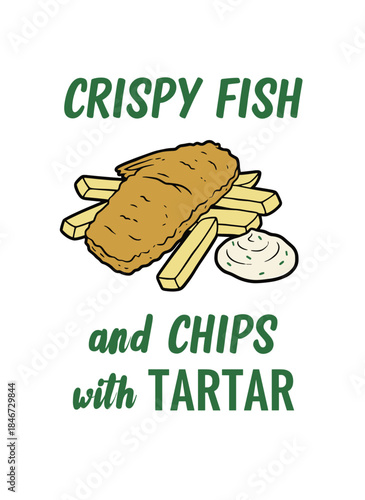 Crispy Fish and Chips. British Fast Food Art. Seafood and Fries Logo. Retro Restaurant Graphic. Fish with Tartar Sauce.