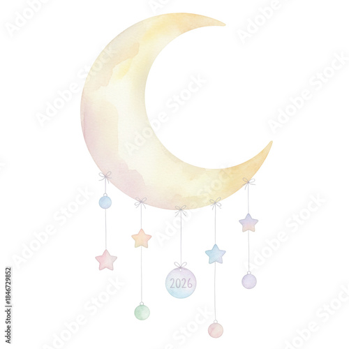 Pastel Moon with Hanging Stars and Calendar for Year 2026, Dreamy Night Sky Concept in Watercolor Art Style