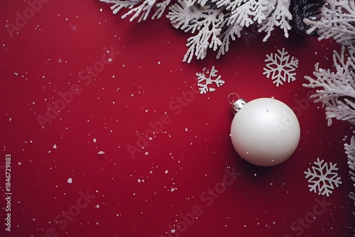 christmas background with red balls Merry Christmas festive greeting card with ornaments and gift boxes on red background, winter holiday flat lay top view